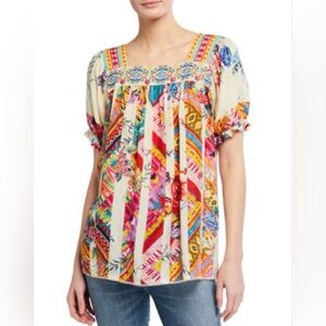 Johnny Was "Tweety" Mixed Print Silk Embroidered Blouse - Boho. Size S